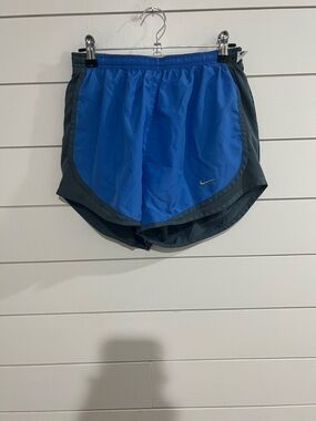 Nike Women’s Blue and Dark Gray Athletic Shorts with Silver Swoosh